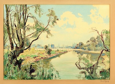 Karl Graf, 1902 Rothenburg ob der Tauber-1986 Speyer, Blick über den Rhein auf den Dom zu Speyer, Gouache auf Papier, rechts unten signiert, ca. ...
