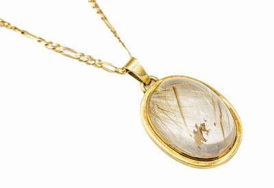 14 kt Gold Rutilquarz-Anhänger an Kette, GG585/000, großer ovaler Cabochon, Anhänger L. ca. 4.5 cm, Kette L. ca. 48 cm, total ca. 30.0g, ...