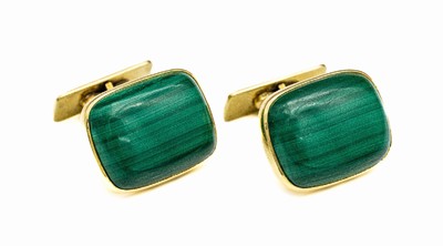 Paar 14 kt Gold Malachit Manschettenknöpfe, GG 585/000, 2 Malachit Cabochons, total ca. 29.6 g
