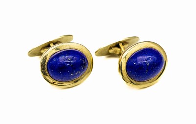 Paar 14 kt Gold Lapislazuli Manschettenknöpfe, GG 585/000, 2 Lapislazuli-Cabochons, total ca. 21.3 g, Meistermarke unged.