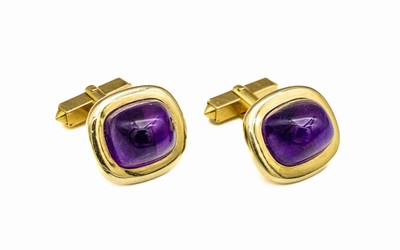 Paar 14 kt Gold Amethyst-Manschettenknöpfe, GG 585/000, gepr., hohe Amethystcabochons, total ca. 20.7 g