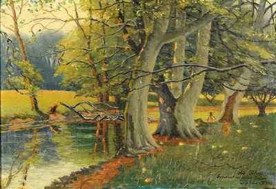 Albert Pertersen, 1875-1957, Ausbildung in Kopenhagen, Auslandsaufenthalte in Dresden, Rom, Wien u. Paris, hier: Waldlandschaft am Fluss, Öl/Lwd, ...