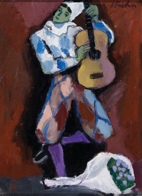 Heinz Friedrich, 1924-2018 Schwetzingen, Harlekin mit Blumen und Gitarre, Öl/Malkarton, rechts oben sign., ca. 33x25cm, R. ca. 42x33 cm