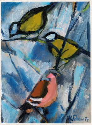 Heinz Friedrich, 1924-2018 Schwetzingen, Vögel im Geäst, Öl/Malkarton, rechts unten sign. und dat. 94, ca. 23x17cm, PP, R. ca. 42x36.5cm