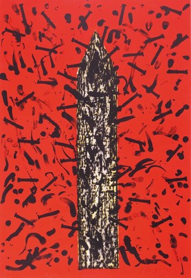 Günther Uecker, geb. 1930, Farblitho auf Bütten, handsign.,num. 38/300, aus 1992, dargestellt ist der Kirchturm der Hamburger Michealis Kirche, mit ...