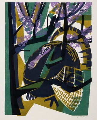 Heinz Friedrich, 1924-2018 Schwetzingen, 2 Farbholzschnitte: Truthahn, handsign., ca. 56x42cm, u.Gl., R. ca. 70x50cm; Bauernstrauß, handsigniert und ...