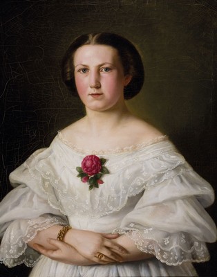 Ferdinand Theodor Hildebrand, 1804-1874, Porträt, junge Frau im weißen Spitzenkleid, sehr hohe Stofflichkeit, feines Inkarnat, die Junge Frau ...