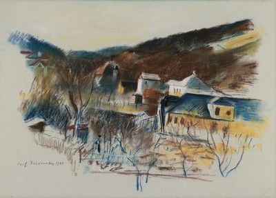 Josef Dobrowsky 1889, Aquarell, Gouache und Pastell auf grünlichen Bütten auf Karton montiert, Stadtansicht, handsign., dat. 1934, ca. 46,3x64 cm, ...