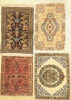4 Persische Poschti, ca. 50 Jahre, Sarogh, Keschan, Ghom und Täbriz, ca. 93 x 63 cm, EHZ: 2