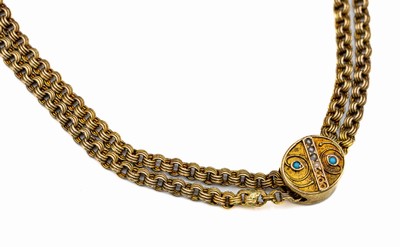 14 kt Gold Collier mit Kettenschieber, wohl Österreich um 1900, GG 585/000, Meistermarke AF ungedeutet, Schieber mit Türkis- und Perlchenbesatz ...