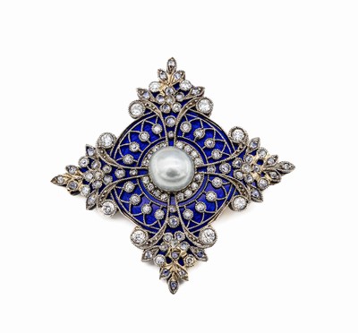 Brosche mit Email und Diamanten, Platin und Silber, deutsch um 1900, Schauseite in Platin, aufgeschraubt, leicht erhöht, dadurch schöner ...