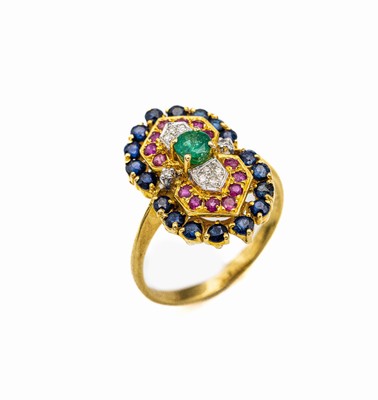 18 kt Gold Farbstein-Diamant-Ring, GG 750/000, 6 Diamanten zus. ca. 0.03 ct Weiß/si,1 Smaragd ca. 0.10 ct, 14 rundfacett. Rubine zus. ca. 0.14 ct, ...