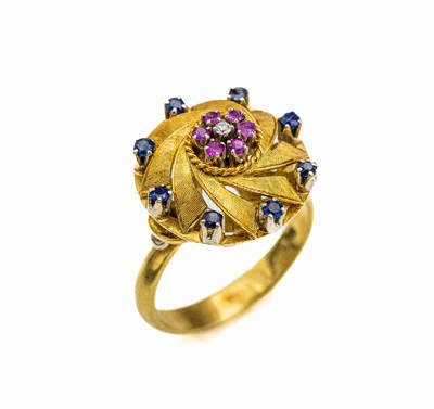 18 kt Gold Farbstein-Diamant-Ring, GG 750/000, 1 Diamant ca. 0.01 ct Weiß/p 1, 6 rundfacett. Rubine zus. ca. 0.06 ct, 8 rundfacett. Saphire zus. ...