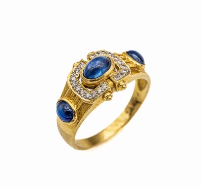 18 kt Gold Saphir-Diamant-Ring, GG/WG 750/000, 3 Saphir-Cabochons zus. ca. 2.20 ct, 20 Diamanten zus. ca. 0.10 ct Weiß/p1, ca. 5.2 g, RW 58