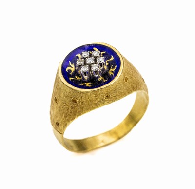 18 kt Gold Diamant-Email-Ring, GG 750/000, Ringkopf mit royalblau emaillierter Mulde, Goldpiquee, mittig aufgesetzt 7 8/8-Diamanten in WG gefasst ...