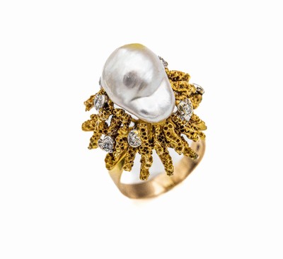 14 kt Gold Südseezuchtperl-Diamant-Ring, GG/WG 585/000, mittige sogn. Monsterperle, D. ca. 12 mm, strukt., stäbchenf. Ringkopf mit 8 in WG ...
