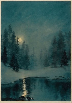 Karl Wolf, 1901-1993, Aquarell, winterliche Vollmondnacht, anhand der Datierung im Umkreis des Chiemgauer Bauernlandes, blaues Kolorit, signiert u. ...
