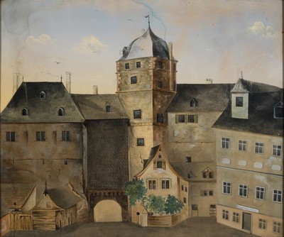 Monogrammist J.V., datiert 1858, wohl historisch Ansicht aus Mainz, Blick auf den Eisenturm mit Umbauung des 19.Jh., rechts Gasthaus "Zur ...
