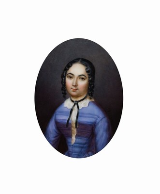 J. Blah, datiert 1850, wohl Josef Blaha, Porträtmalerei junge Frau im violetten Gewand, feine Malerei auf Porzellan, ca. 14 x 10.5 cm, Zuschreibung ...