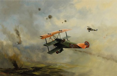 Dion Pears, 1929 Richmond-1985, Luftgefecht im 1.Wk., Anderthalbdecker mit den Hoheitszeichen der deutschen Fliegertruppe, umgeben von Explosionen ...