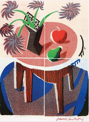 David Hockney geb. 1937, "Flowers, Apple and Pear on a Table", Hrsg.: St.James Market, Bradford 1988, Offsetlitho auf Karton, mit rotem ...