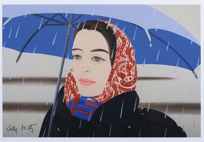 Alex Katz, geb. 1927, "Blue Umbrella", digitaler Fotoabzug, mit schwarzem Stift handsign., unter Plexiglas gerahmt, Blattgr.20,5x229 cm, ...