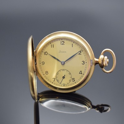 STOWA Savonette in GG 585/000, Schweiz um 1940, 2-Deckel Goldgeh., Sprungdeckel mit Schmuckmonogramm, Metallcuvette m. Widmung, Metallzifferbl. m. ...