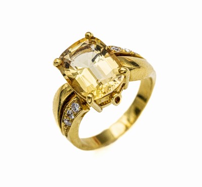 18 kt Gold Citrin-Brillant-Ring, GG 750/000, mittig ovalfacett. Citrin ca. 6.0 ct,6 Brillanten zus. ca. 0.25 ct Weiß/si, RW 57, ca. 10.8 g