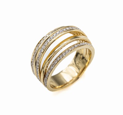 14 kt Gold Brillant-Ring, GG 585/000, Ringkopf in 6 einzelnen Schienen in versch. Ebenen, 91 Brillanten zus. ca. 0.51 ct Weiß/si, RW 56, ca. 10.2 g