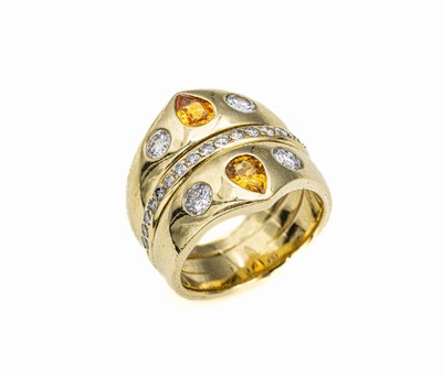 18 kt Gold Brillant-Saphir-Ring, GG 750/000, geometrischer Aufbau, 24 Brillanten zus. ca. 1.4 ct Weiß/si, 2 facett. gelbe Saphirtropfen zus. ca. ...
