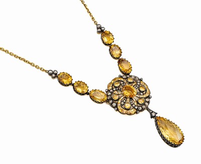 9 kt Gold und Silber Farbstein-Diamant-Collier, GG 375/000 und Silber, Mittelteil bes. mit in Silber gefassten facett. Citrinen und gelben Saphiren, ...
