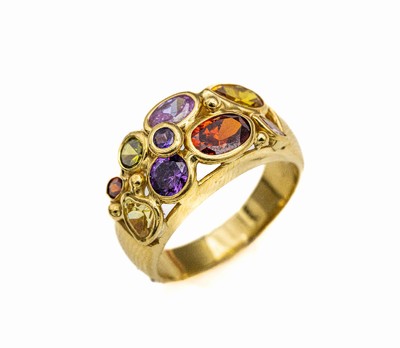 18 kt Gold Farbstein-Ring, GG 750/000, Ringkopf mit div. Farbsteinen in versch. Schliffformen, u.a. Amethyst, Granat, Peridot,Citrin total ca. 3.0 ...
