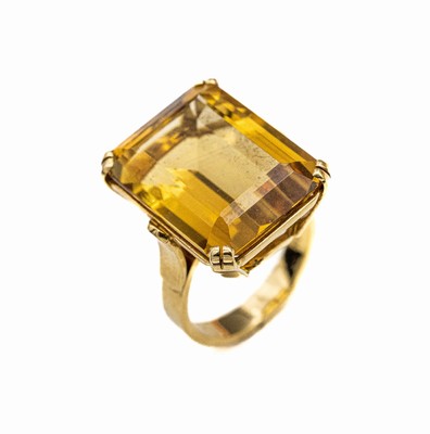 14 kt Gold Citrin-Ring, GG 585/000, Citrin im rechteck facett. Treppenschliff ca. 20,00 ct, hoher Ringkopf, Krappenfassung, RW 56, ca.12.6 g