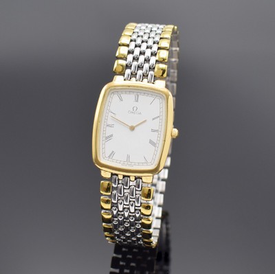 OMEGA Armbanduhr Referenz 395 0876, Schweiz um 1990, quarz, Edelstahlgeh. teils verg., Boden gedr., Gliederband m. Faltschl., weißes Zifferbl. m. ...