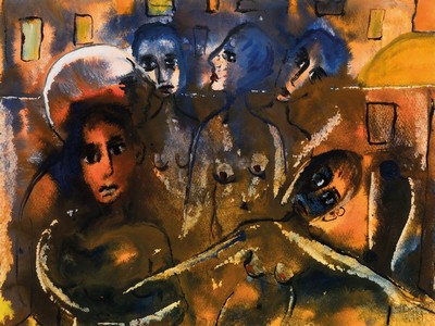 Ingrid Berger, geb. 1931 Reutlingen, Steigende Bedrängnis, Tempera auf Papier, rechts unten sign. und dat. 88, ca. 31x42cm, PP, u.Gl., R. ca. 50x70cm