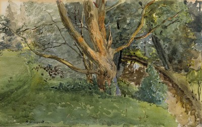 August Croissant, 1870-1941 Landau, knorriger Baum am Wegrand, Aquarell auf Papier, links unten signiert und dat. 12, ca. 26x41cm, PP, u.Gl., R. ca. ...