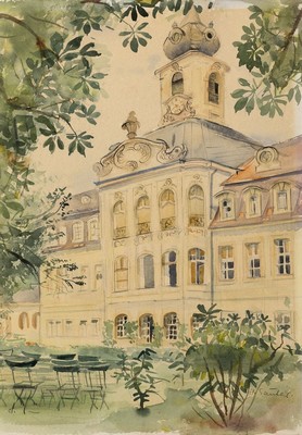 Hermann Sauter, 1891 Germersheim-1981 Landau, Blick auf ein Gebäude, Aquarell auf Papier, rechts unten signiert, ca. 37x26cm, PP, u.Gl., R. ca. ...