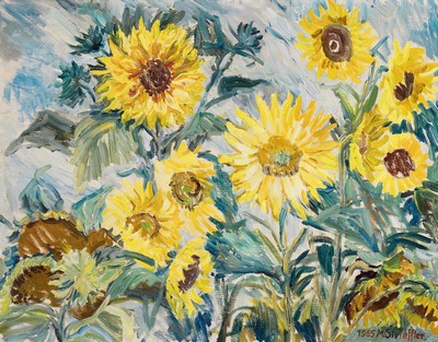 Marie Strieffler, 1917-1987 Landau, Sonnenblumen, Öl/Lwd, rechts unten signiert und dat. 1965, ca. 60x75cm, Rahmen bemalt, aber besch., ca. 71x88cm