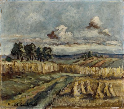 August Croissant, 1870-1941 Landau, Getreideernte am Haardtrand, Öl/Malkarton, gewölbt, links unten signiert, ca. 42x47cm