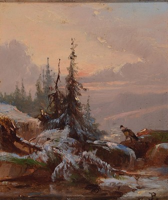 Zuschreibung: Jacobus Pelgrom, 1811-1861 Amsterdam, verschneite Gebirgslandschaft, Öl/Holz, rechts unten monogr. P., ca. 10.5x 9cm, R. ca. 19.5x18cm