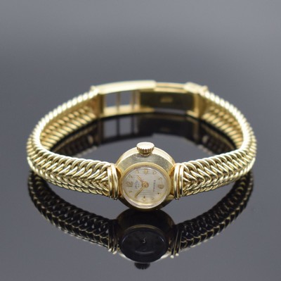 ARCTOS Damenarmbanduhr in GG 585/000, Schweiz um 1970, quarz, Boden aufgedr., silb. strukt. Zifferbl. m. gold. Std.-Ind. und Zeigern, D. ca. 17 mm, ...