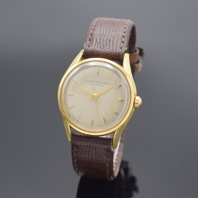 GIRARD PERREGAUX Gyromatic Herrenarmbanduhr in GG 750/000, Schweiz 1950er Jahre, Automatik, Boden m. Widmung verschr., silb. Zifferbl. altersbed. ...