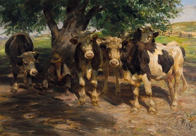 Georg Wolf, 1882 Niederhausbergen - 1962 Uelzen, rastender Bauer mit vier Rindern, Öl/Lwd, re. u. signiert, lebhaftes Spiel von Licht und Schatten, ...