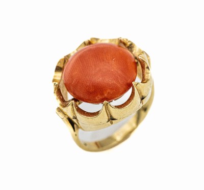 14 kt gold coral ring, Austria/Vienna ca. 1930 , YG 585/000, round coral cabochon, setting in suggested crown shape, nice heavy quality, approx. 10.4 ...