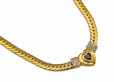 14 kt Gold Rubin-Diamant-Collier, GG 585/000, Mittelteil herzförmig, kl. facett. Rubinherz, 8 kl. 8/8-Diamanten, L. ca. 43 cm, ca. 11.3 g, ...
