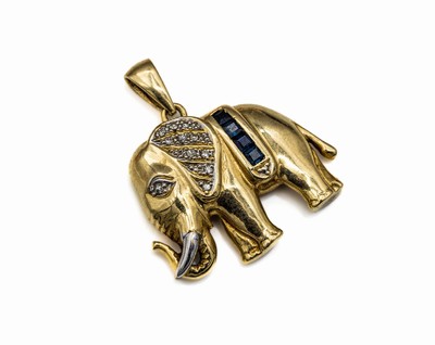 14 kt Gold Saphir-Diamant-Anhänger "Elefant", GG/WG 585/000, z.T. mit Diamanten zus. ca. 0.06 ct Weiß/si, facett. Saphir-Carrees, ...