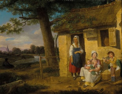Unbekannter Künstler, um 1820/30, Mutter mit Kindern vorm Bauernhaus, Öl/Holz, unsigniert, leichte Altersschäden, rückseitig später bez. ...