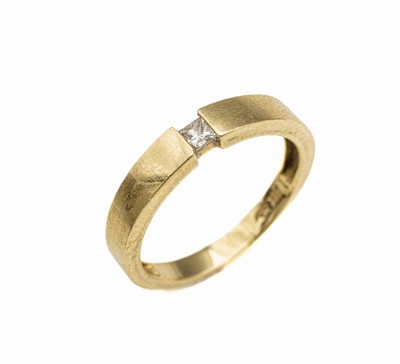 14 kt Gold Diamant Ring, GG 585/000, Diamantcarree ca. 0.12 ct Weiß/si, in Spann- ringoptik, RW 60, ca. 3.2 g, Meistermarke unged.