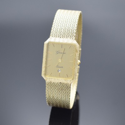 GENEVE Armbanduhr in GG 585/000, Schweiz um 1980, quarz, 2-teil. Gehäuse, Boden aufgedr., Milanaiseband, gold. Zifferbl. m. aufges. Std.-Ind., gold. ...