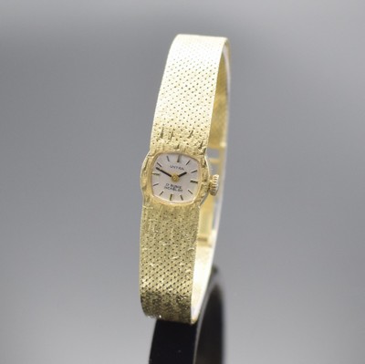UHTRA Damenarmbanduhr in GG 585/000, Deutschland um 1965, Handaufzug, 2-teil. Geh., Boden aufgedr., Milanaise-Band in GG 585/000, silb. Zifferbl. m. ...